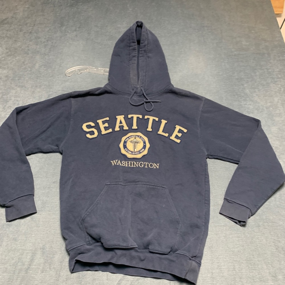 VTG Teemax Resortwear Seattle Washington Hoodie Women Small Blue Kangaroo Pocket